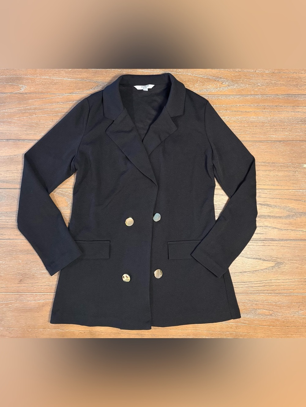Classic Black Double-Breasted Open Women's Blazer with Gold Buttons